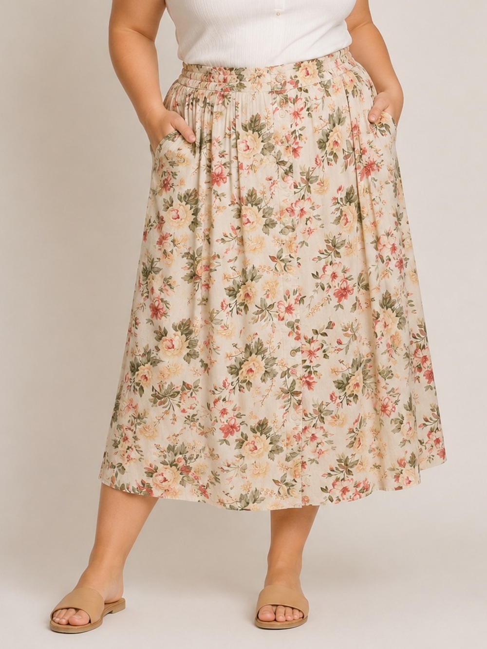 Vintage Fairset Floral Button Front Midi Skirt Rayon Pockets Women’s Size 18